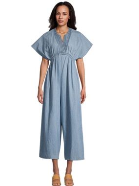 Cost Plus World Market Chambray Blue Embroidered V-Neck Jumpsuit